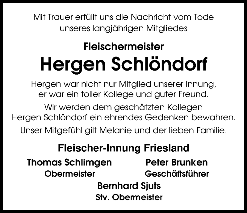  Traueranzeige für Hergen Schlöndorf vom 14.11.2017 aus Nordwest-Zeitung