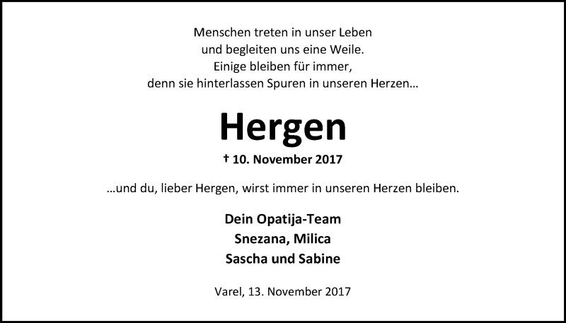  Traueranzeige für Hergen Schlöndorf vom 13.11.2017 aus Nordwest-Zeitung