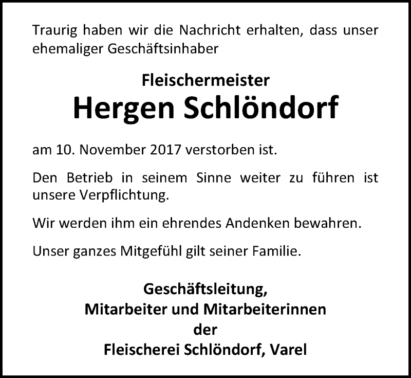  Traueranzeige für Hergen Schlöndorf vom 13.11.2017 aus Nordwest-Zeitung