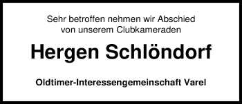 Traueranzeige von Hergen Schlöndorf von Nordwest-Zeitung