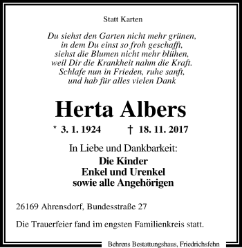 Traueranzeige von Herta Albers von Nordwest-Zeitung