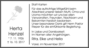 Traueranzeige von Herta Henzel von Nordwest-Zeitung