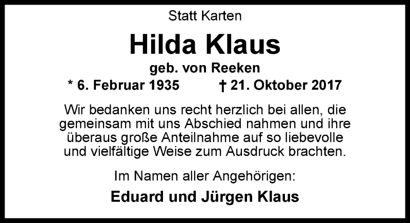  Traueranzeige für Hilda Klaus vom 25.11.2017 aus Nordwest-Zeitung