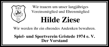Traueranzeige von Hilde Ziese von Nordwest-Zeitung