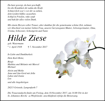 Traueranzeige von Hilde Ziese von Nordwest-Zeitung