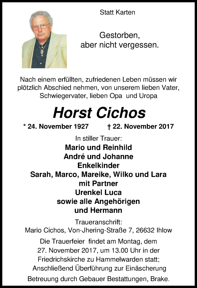  Traueranzeige für Horst Cichos vom 25.11.2017 aus Nordwest-Zeitung