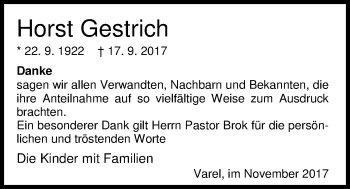 Traueranzeige von Horst Gestrich von Nordwest-Zeitung