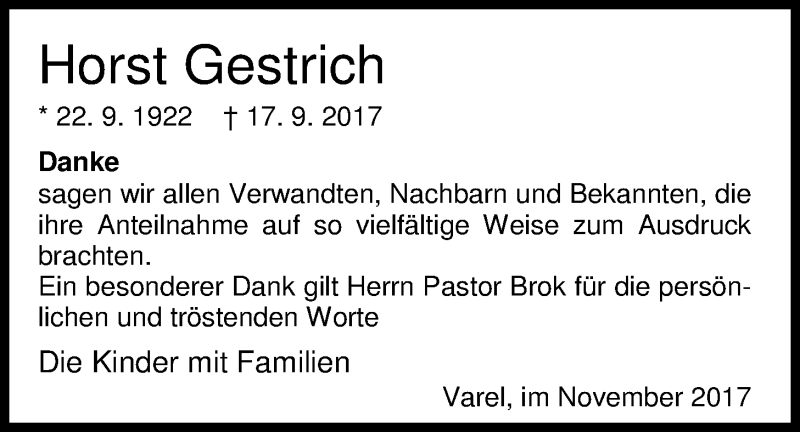  Traueranzeige für Horst Gestrich vom 28.11.2017 aus Nordwest-Zeitung