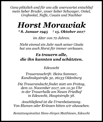 Traueranzeige von Horst Morawiak von Nordwest-Zeitung