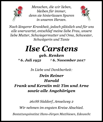 Traueranzeige von Ilse Carstens von Nordwest-Zeitung