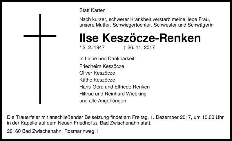  Traueranzeige für Ilse Keszöcze-Renken vom 29.11.2017 aus Nordwest-Zeitung