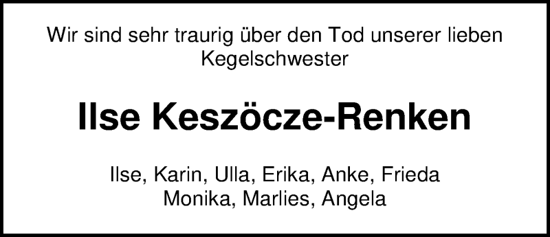  Traueranzeige für Ilse Keszöcze-Renken vom 29.11.2017 aus Nordwest-Zeitung