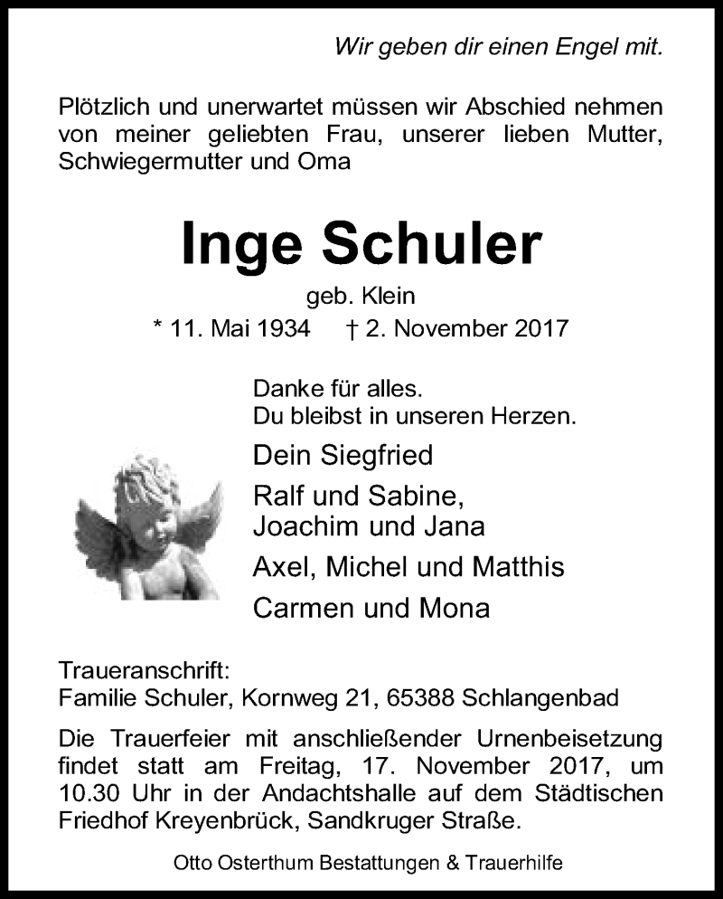  Traueranzeige für Inge Schuler vom 11.11.2017 aus Nordwest-Zeitung