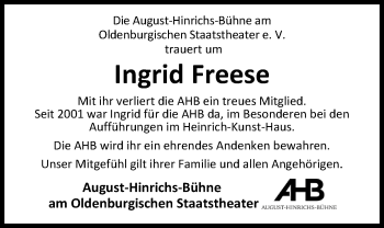 Traueranzeige von Ingrid Freese von Nordwest-Zeitung