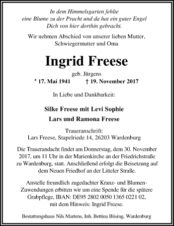 Traueranzeige von Ingrid Freese von Nordwest-Zeitung