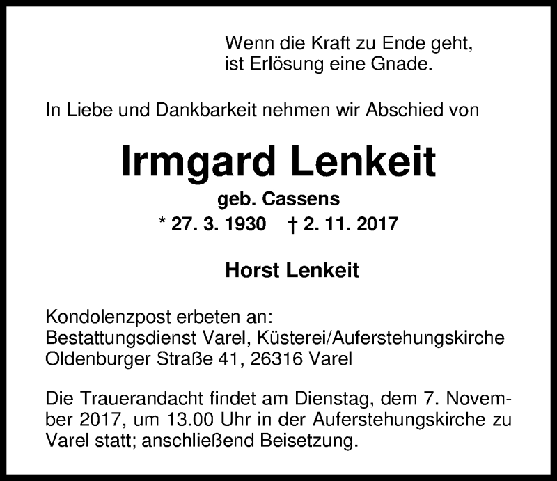  Traueranzeige für Irmgard Lenkeit vom 04.11.2017 aus Nordwest-Zeitung
