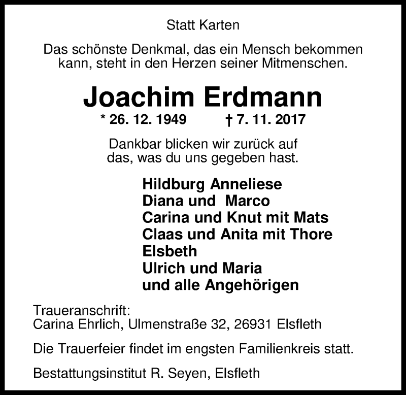  Traueranzeige für Joachim Erdmann vom 10.11.2017 aus Nordwest-Zeitung