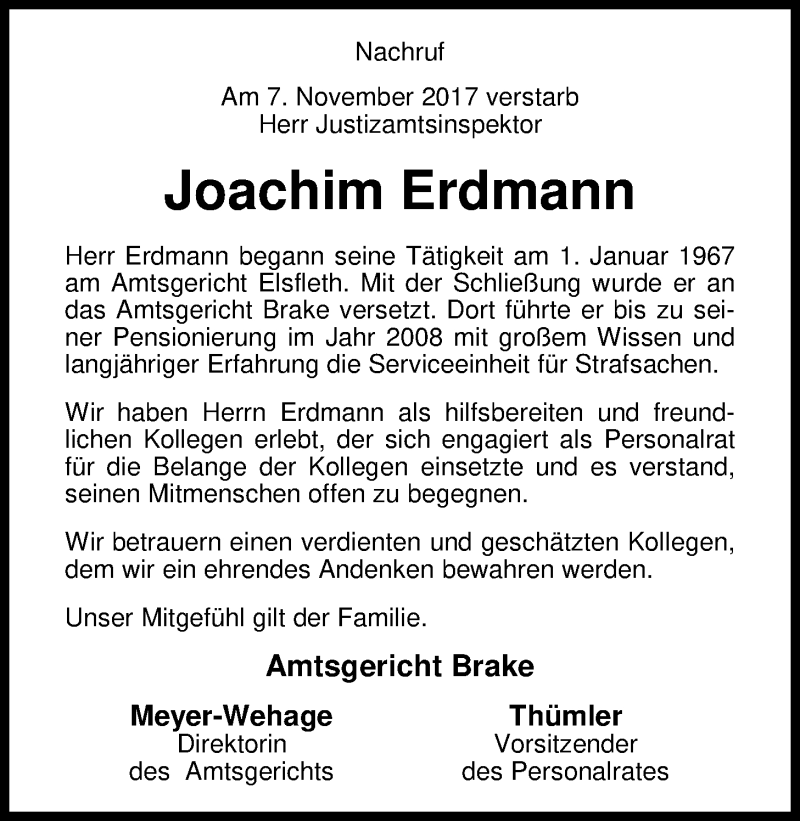  Traueranzeige für Joachim Erdmann vom 16.11.2017 aus Nordwest-Zeitung