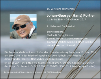 Traueranzeige von Johan-George (Hans) Oldenburg Portier von Nordwest-Zeitung
