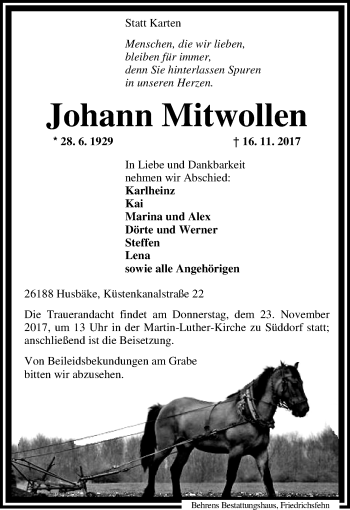 Traueranzeige von Johann Mitwollen von Nordwest-Zeitung