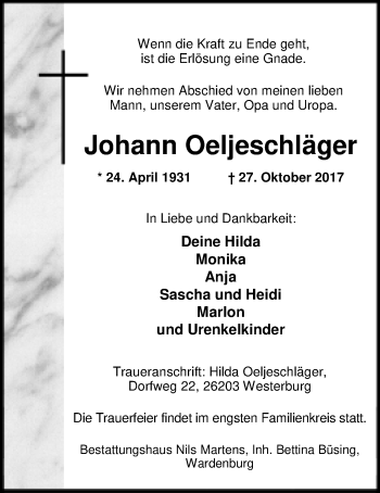 Traueranzeige von Johann Oeljeschläger von Nordwest-Zeitung