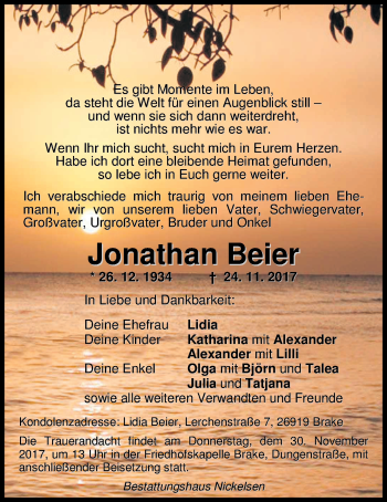 Traueranzeige von Jonathan Beier von Nordwest-Zeitung