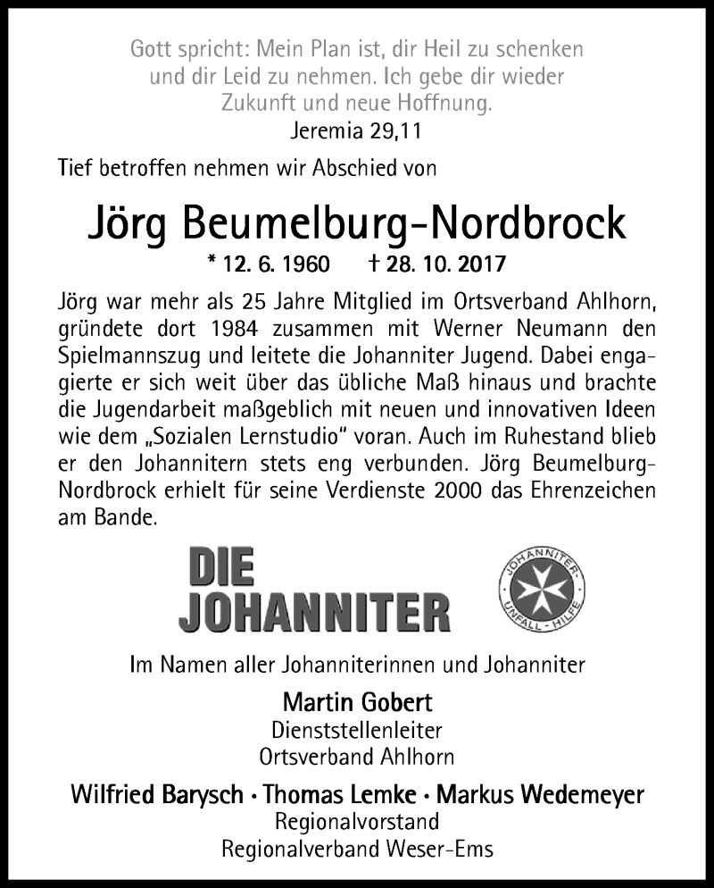  Traueranzeige für Jörg Beumelburg-Nordbrock vom 01.11.2017 aus Nordwest-Zeitung