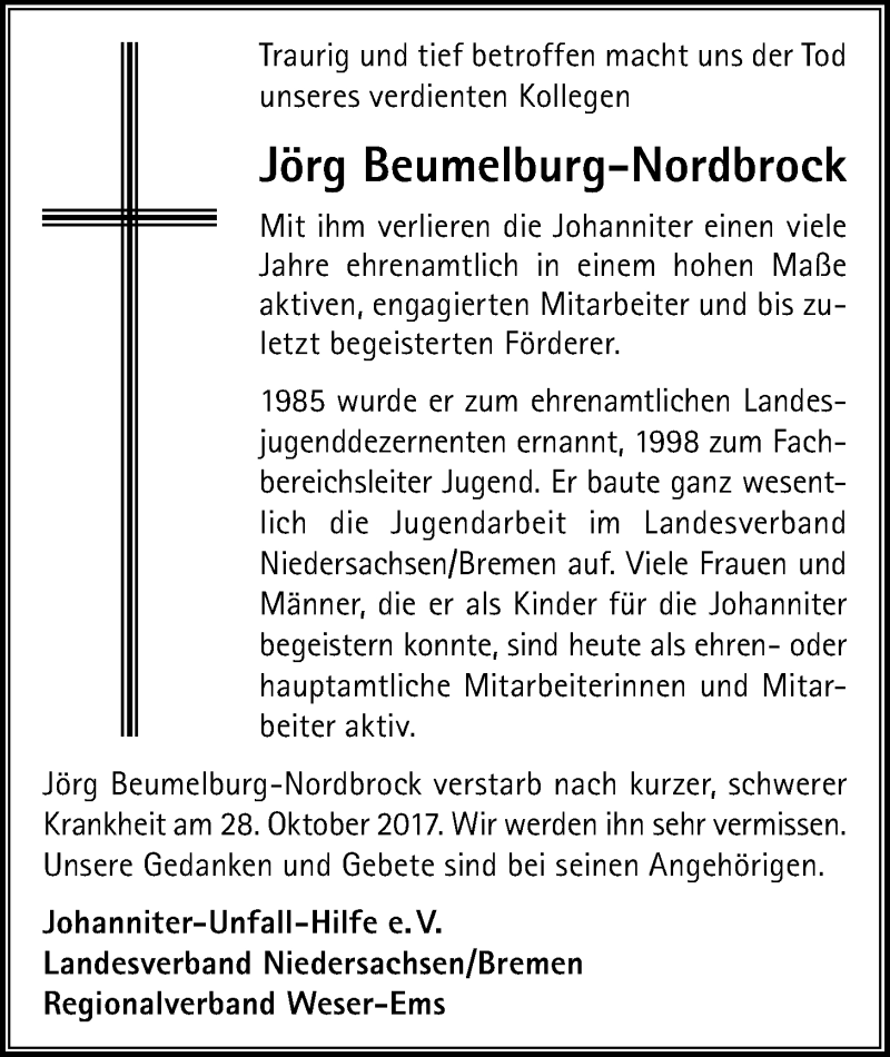 Traueranzeige für Jörg Beumelburg-Nordbrock vom 03.11.2017 aus Nordwest-Zeitung