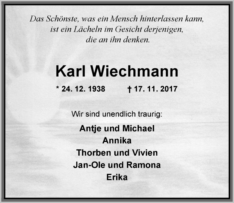  Traueranzeige für Karl Wiechmann vom 22.11.2017 aus Nordwest-Zeitung