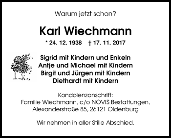 Traueranzeige von Karl Wiechmann von Nordwest-Zeitung