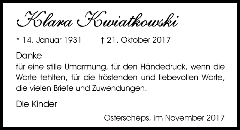  Traueranzeige für Klara Kwiatkowski vom 11.11.2017 aus Nordwest-Zeitung