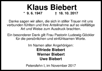 Traueranzeige von Klaus Biebert von Nordwest-Zeitung