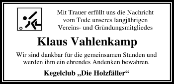Traueranzeige von Klaus Vahlenkamp von Nordwest-Zeitung