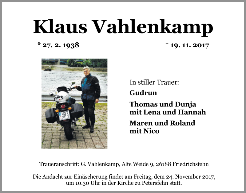  Traueranzeige für Klaus Vahlenkamp vom 21.11.2017 aus Nordwest-Zeitung