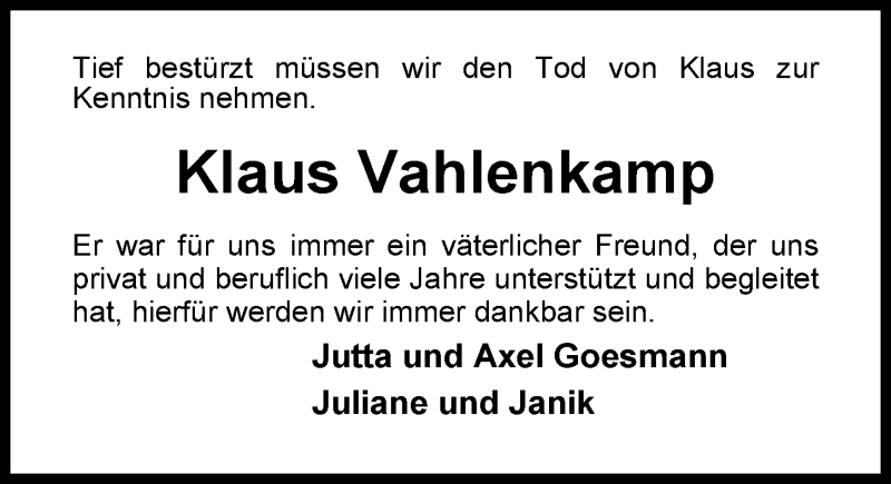  Traueranzeige für Klaus Vahlenkamp vom 22.11.2017 aus Nordwest-Zeitung