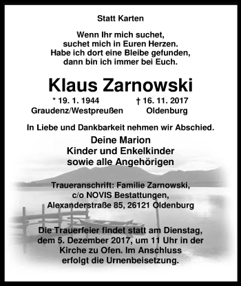 Traueranzeige von Klaus Zarnowski von Nordwest-Zeitung