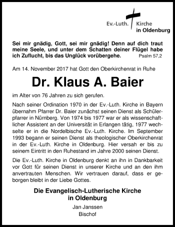Traueranzeige von Klaus Alois Baier von Nordwest-Zeitung
