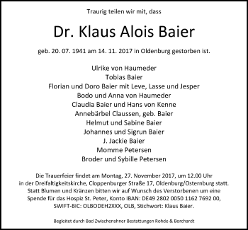 Traueranzeige von Klaus Alois Baier von Nordwest-Zeitung