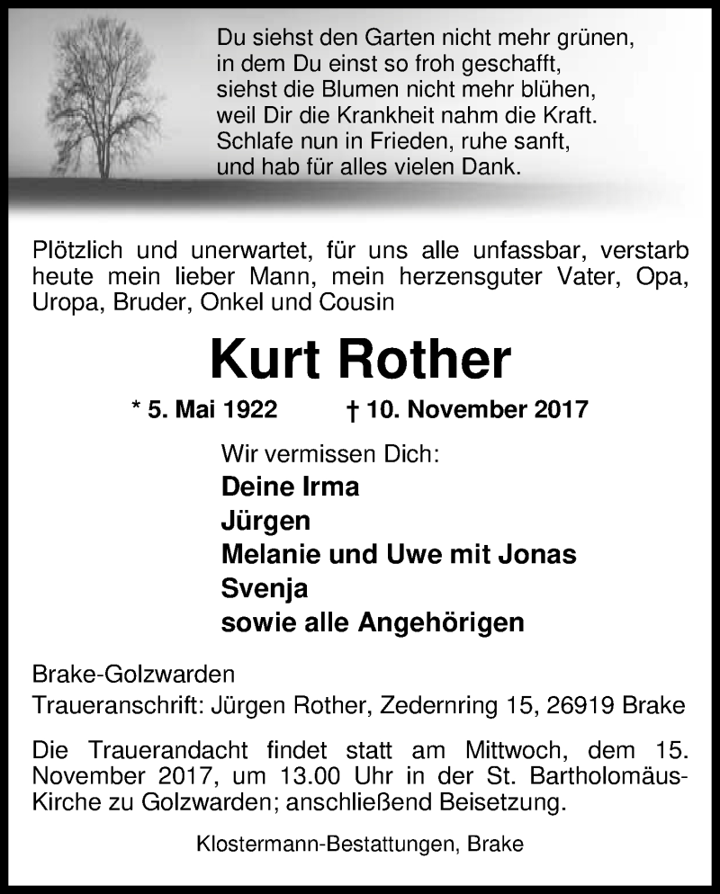  Traueranzeige für Kurt Rother vom 13.11.2017 aus Nordwest-Zeitung