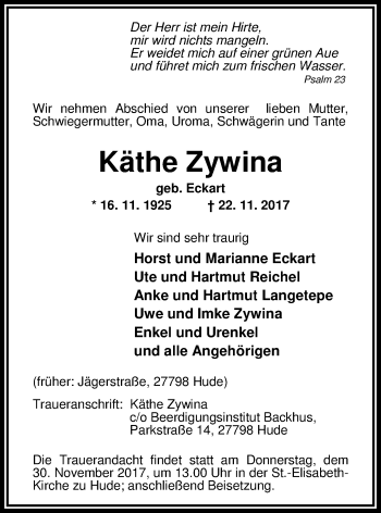 Traueranzeige von Käthe Zywina von Nordwest-Zeitung