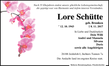 Traueranzeige von Lore Schütte von Nordwest-Zeitung