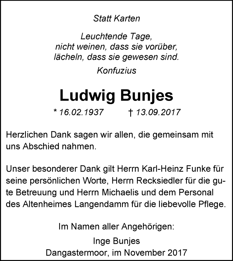  Traueranzeige für Ludwig Bunjes vom 21.11.2017 aus Nordwest-Zeitung