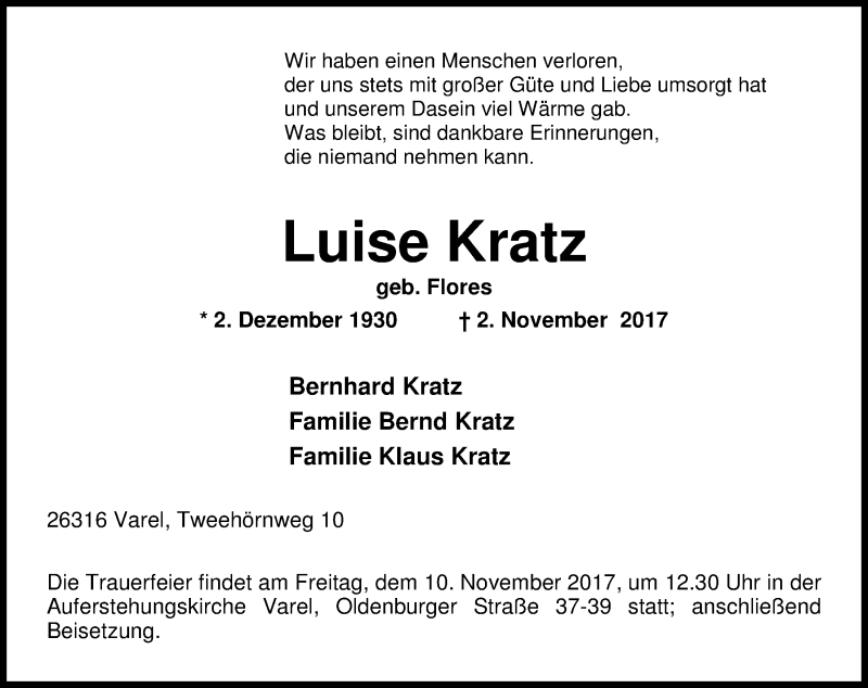 Traueranzeige für Luise Kratz vom 07.11.2017 aus Nordwest-Zeitung
