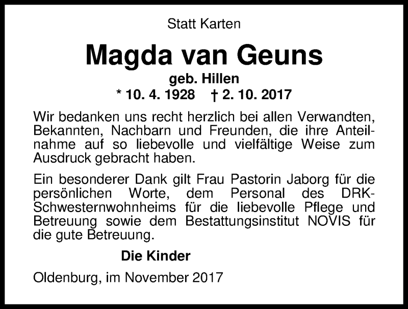  Traueranzeige für Magda  van Geuns vom 18.11.2017 aus Nordwest-Zeitung