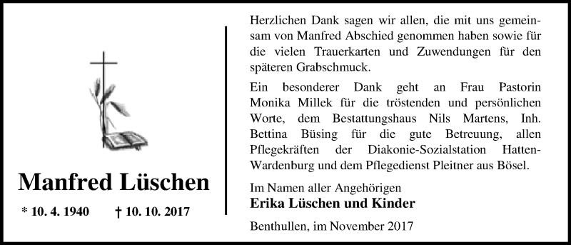  Traueranzeige für Manfred Lüschen vom 29.11.2017 aus Nordwest-Zeitung