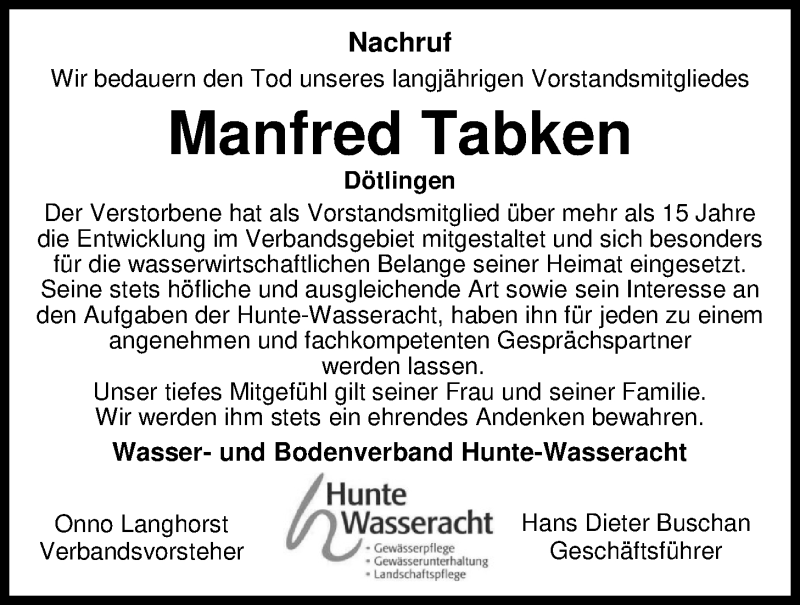  Traueranzeige für Manfred Tabken vom 11.11.2017 aus Nordwest-Zeitung