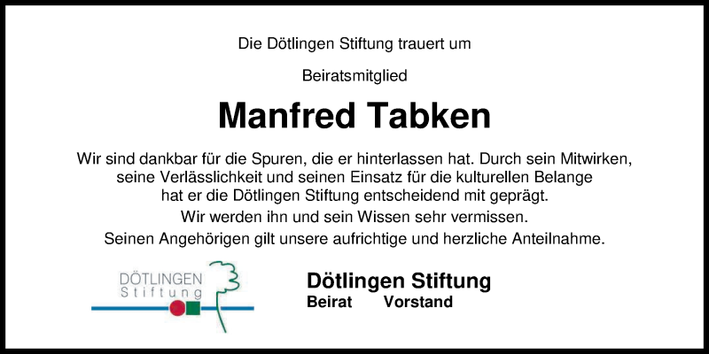  Traueranzeige für Manfred Tabken vom 11.11.2017 aus Nordwest-Zeitung
