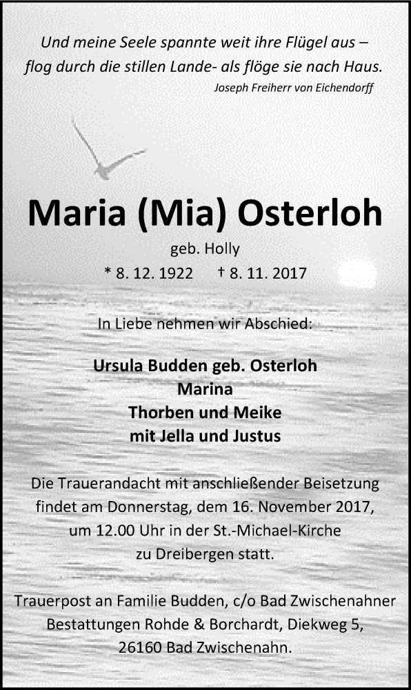  Traueranzeige für Maria Osterloh vom 13.11.2017 aus Nordwest-Zeitung