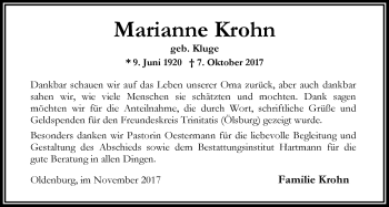 Traueranzeige von Marianne Krohn von Nordwest-Zeitung