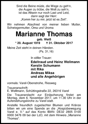 Traueranzeige von Marianne Thomas von Nordwest-Zeitung
